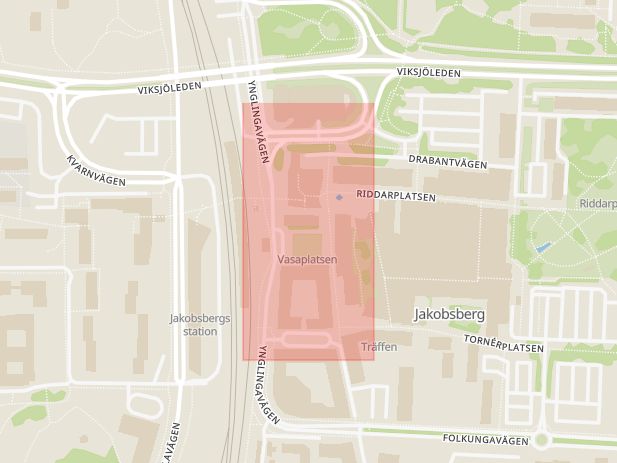 Karta som med röd fyrkant ramar in Vasaplatsen, Jakobsberg, Järfälla, Stockholms län