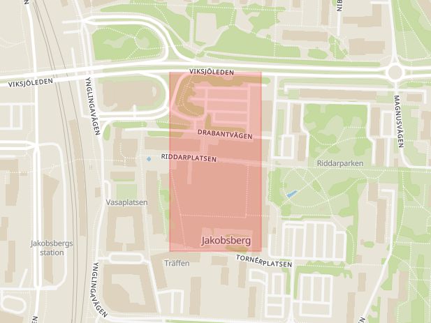 Karta som med röd fyrkant ramar in Jakobsbergs Centrum, Järfälla, Stockholms län