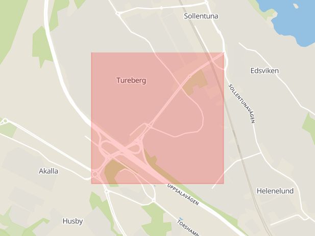 Karta som med röd fyrkant ramar in Turebergsleden, Sollentuna, Stockholms län