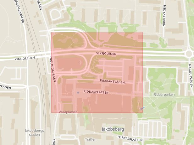 Karta som med röd fyrkant ramar in Jakobsberg, Drabantvägen, Järfälla, Stockholms län