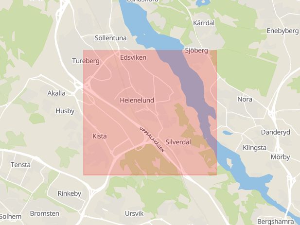 Karta som med röd fyrkant ramar in Helenelund, Sollentuna, Stockholms län
