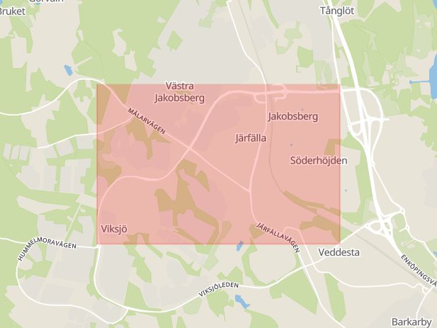 Karta som med röd fyrkant ramar in Tegvägen, Viksjöleden, Järfälla, Stockholms län