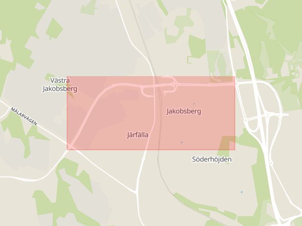 Karta som med röd fyrkant ramar in Jakobsberg, Viksjöleden, Järfälla, Stockholms län