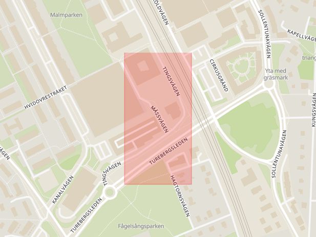 Karta som med röd fyrkant ramar in Mässvägen, Sollentuna, Stockholms län
