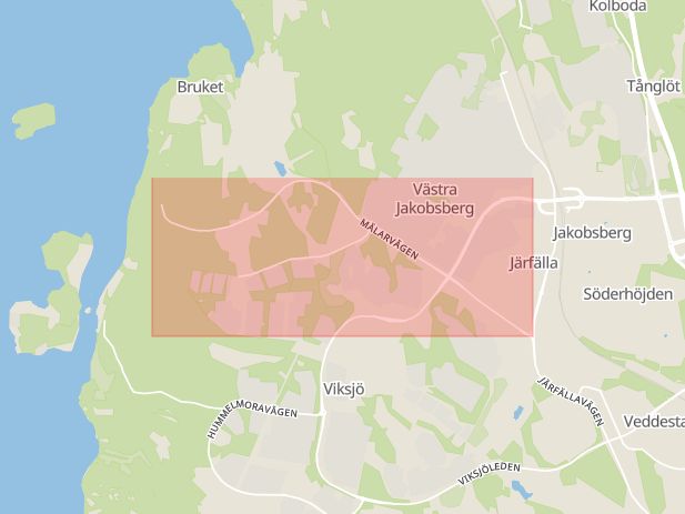 Karta som med röd fyrkant ramar in Jakobsberg, Mälarvägen, Järfälla, Stockholms län