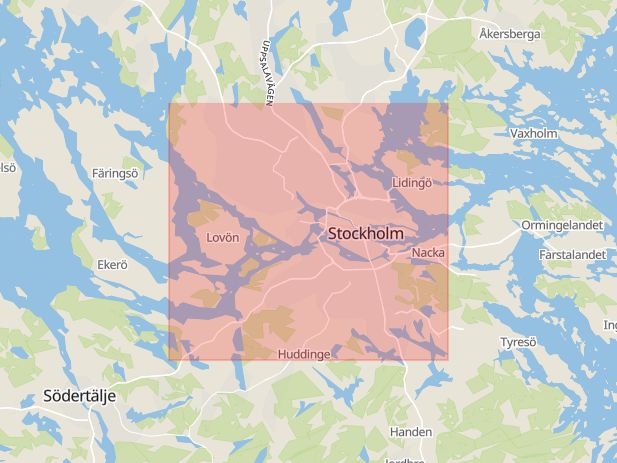 Karta som med röd fyrkant ramar in Stockholms Län, Stockholm, Stockholms län