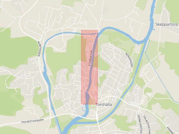 Karta som med röd fyrkant ramar in Storgatan, Torshälla, Eskilstuna, Södermanlands län