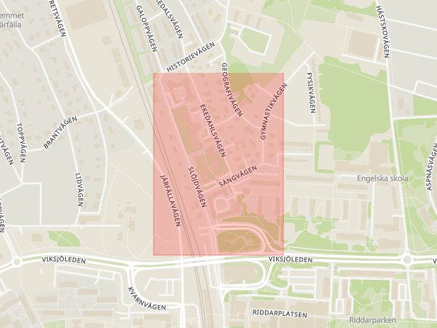 Karta som med röd fyrkant ramar in Slöjdvägen, Jakobsberg, Järfälla, Stockholms län