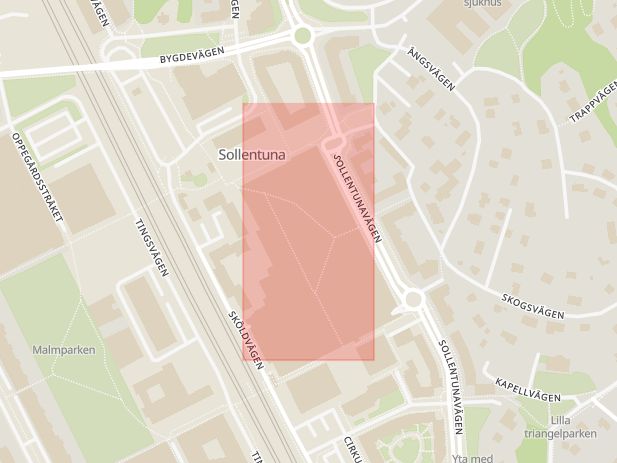Karta som med röd fyrkant ramar in Norrortsleden, Sollentunavägen, Sollentuna, Stockholms län