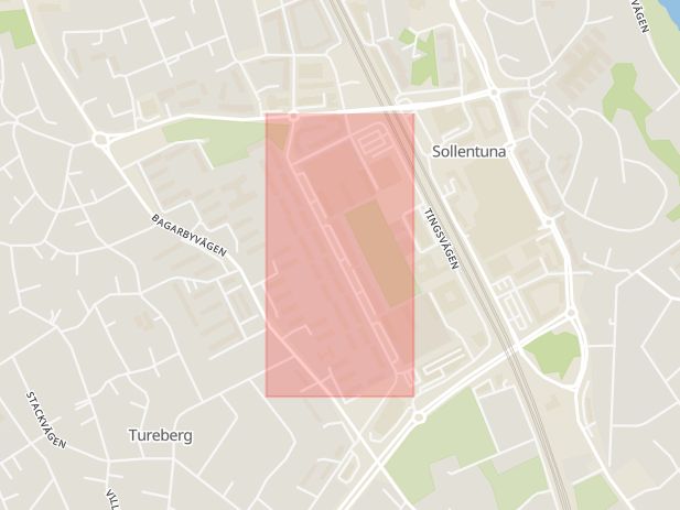 Karta som med röd fyrkant ramar in Tureberg, Malmvägen, Sollentuna, Stockholms län