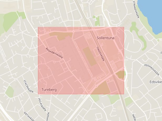Karta som med röd fyrkant ramar in Tureberg, Allfartsvägen, Sollentuna, Stockholms län