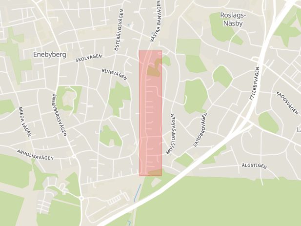 Karta som med röd fyrkant ramar in Enebyberg, Östra Banvägen, Danderyd, Stockholms län