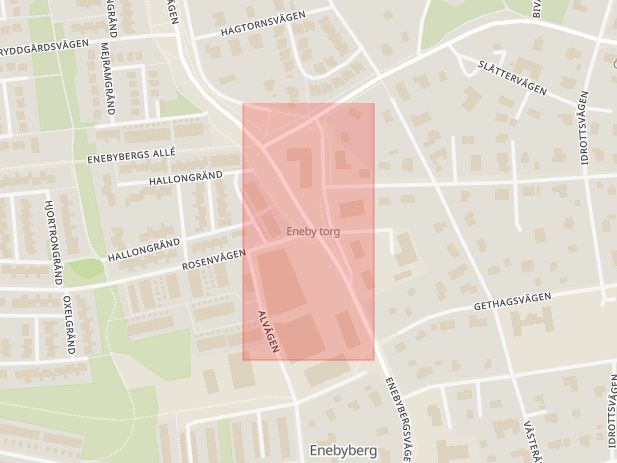 Karta som med röd fyrkant ramar in Enebyberg, Enebybergsvägen, Rosenvägen, Danderyd, Stockholms län