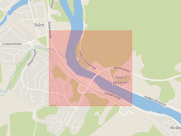 Karta som med röd fyrkant ramar in Skårevägen, Karlstad, Värmlands län