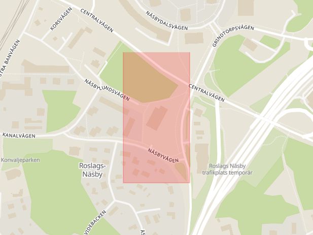 Karta som med röd fyrkant ramar in Näsby Park, Roslags Näsby, Norrtäljevägen, Täby, Stockholms län