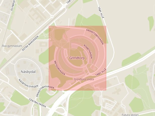 Karta som med röd fyrkant ramar in Grindtorp, Marknadsvägen, Täby, Stockholms län