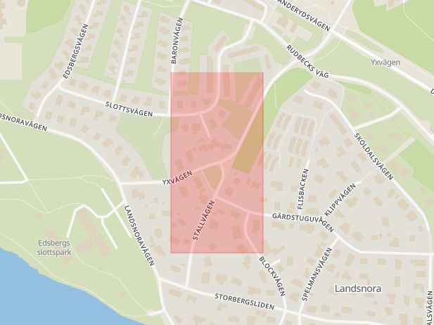 Karta som med röd fyrkant ramar in Stallvägen, Yxvägen, Edsberg, Sollentuna, Stockholms län