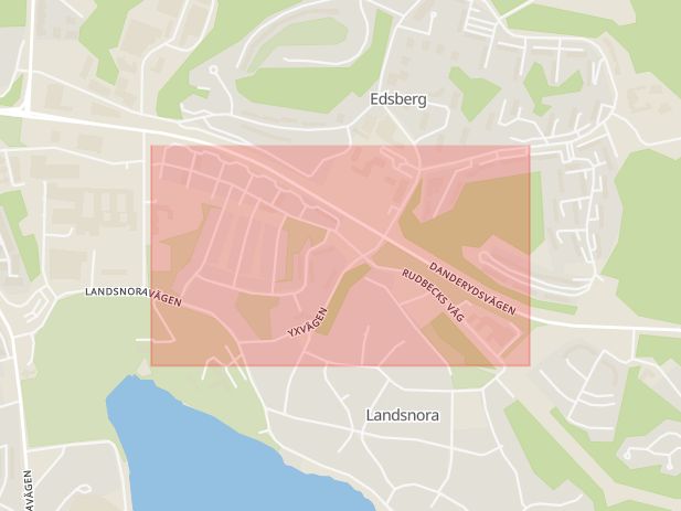 Karta som med röd fyrkant ramar in Edsberg, Rudbecks Väg, Sollentuna, Stockholms län