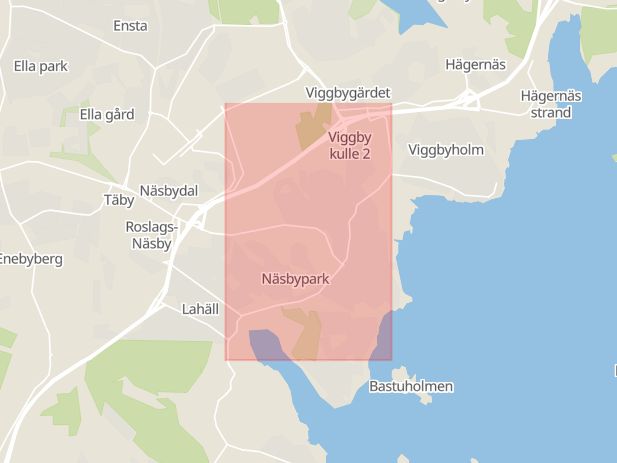 Karta som med röd fyrkant ramar in Näsby Park, Djursholmsvägen, Täby, Stockholms län