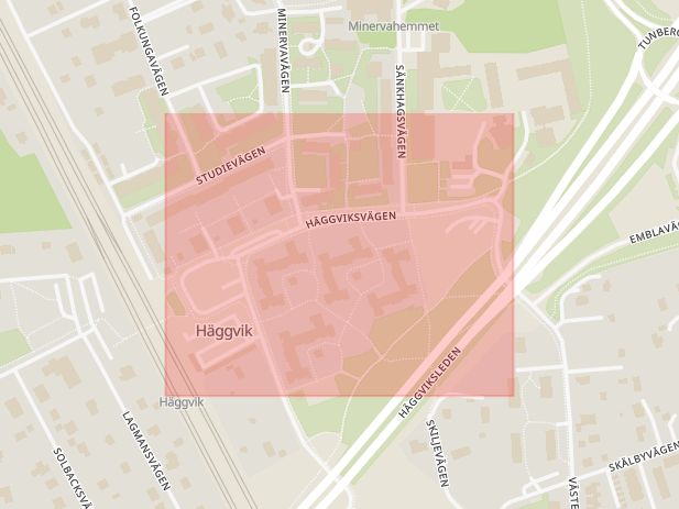 Karta som med röd fyrkant ramar in Häggvik, Häggviksvägen, Sollentuna, Stockholms län