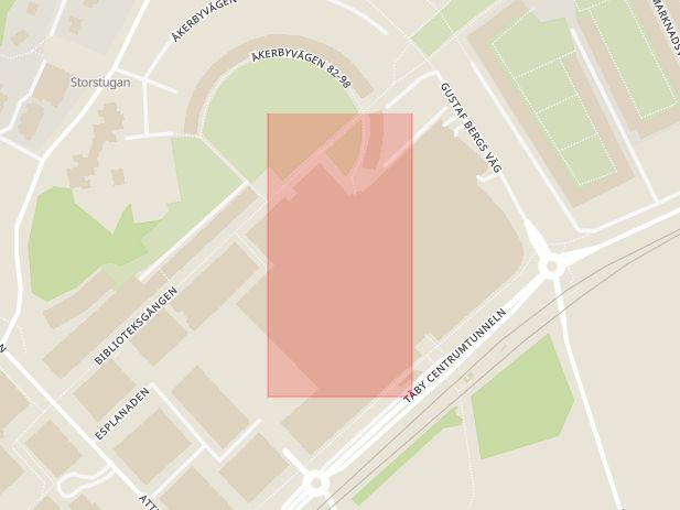 Karta som med röd fyrkant ramar in Åkerbyvägen, Täby Centrum, Ensta, Täby, Stockholms län