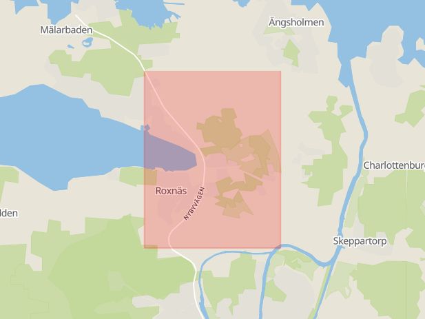 Karta som med röd fyrkant ramar in Mälarbadsvägen, Torshälla, Eskilstuna, Södermanlands län