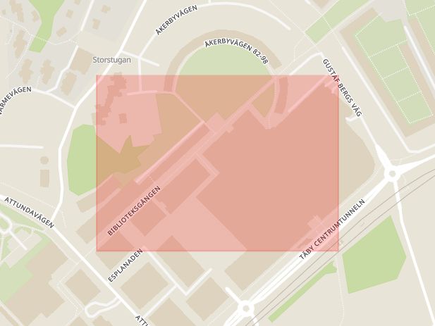 Karta som med röd fyrkant ramar in Biblioteksgången, Täby Centrum, Täby, Stockholms län