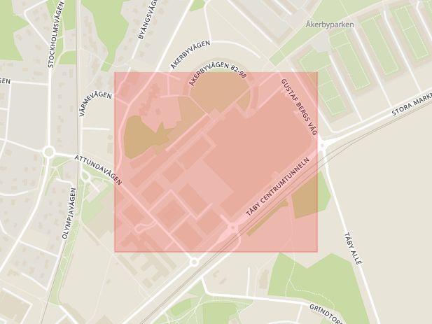 Karta som med röd fyrkant ramar in Täby Centrum, Esplanaden, Täby, Stockholms län