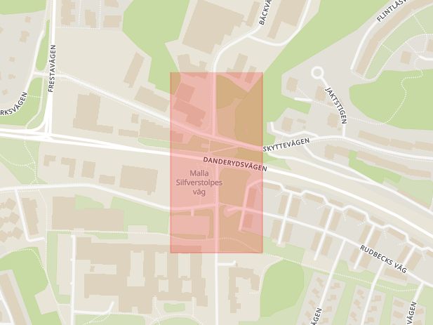 Karta som med röd fyrkant ramar in Malla Silfverstolpes Väg, Danderydsvägen, Sollentuna, Stockholms län