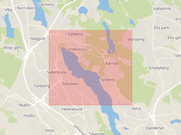 Karta som med röd fyrkant ramar in Danderydsvägen, Rösjön, Sollentuna, Stockholms län