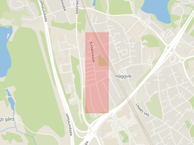 Karta som med röd fyrkant ramar in Klasrovägen, Häggvik, Sollentuna, Stockholms län