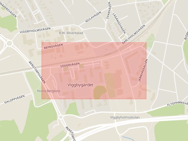 Karta som med röd fyrkant ramar in Södervägen, Täby, Stockholms län