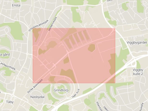 Karta som med röd fyrkant ramar in Grindtorp, Gustaf Bergs Väg, Stora Marknadsvägen, Täby, Stockholms län