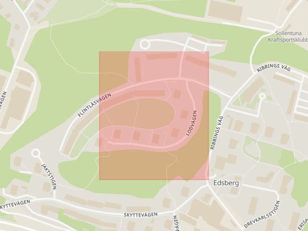Karta som med röd fyrkant ramar in Lodvägen, Sollentuna, Stockholms län