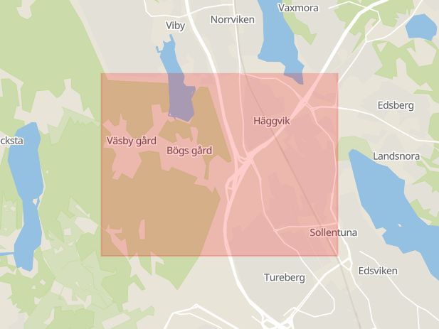 Karta som med röd fyrkant ramar in Häggvik, Rotebro, Sollentuna, Stockholms län