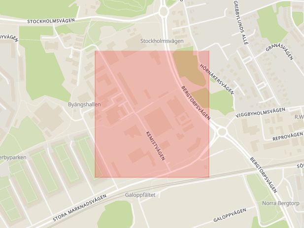 Karta som med röd fyrkant ramar in Kemistvägen, Täby, Stockholms län