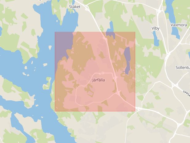 Karta som med röd fyrkant ramar in Jakobsberg, Järfälla, Stockholms län