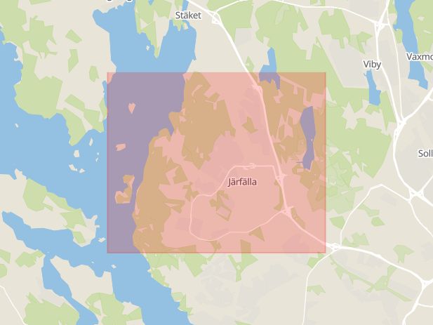 Karta som med röd fyrkant ramar in Jakobsberg, Järfälla, Stockholms län