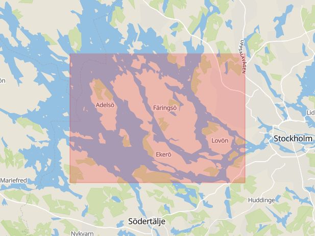 Karta som med röd fyrkant ramar in Ekerövägen, Ekerö Kyrkväg, Ekerö, Stockholms län