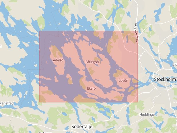 Karta som med röd fyrkant ramar in Ekerövägen, Infart, Ridskola, Ekerö, Stockholms län