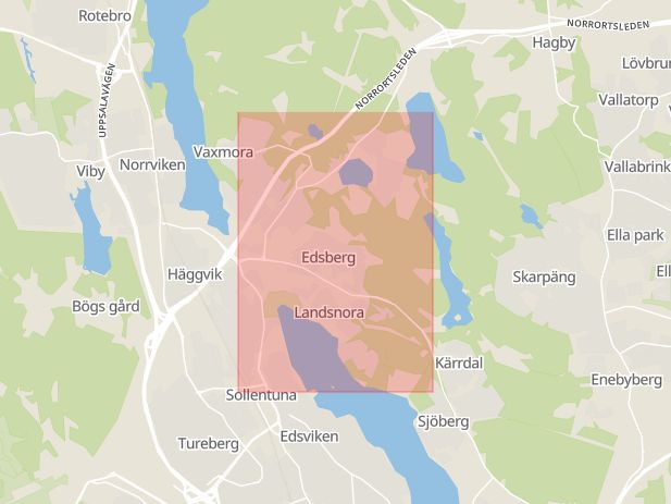 Karta som med röd fyrkant ramar in Edsberg, Sollentuna, Stockholms län