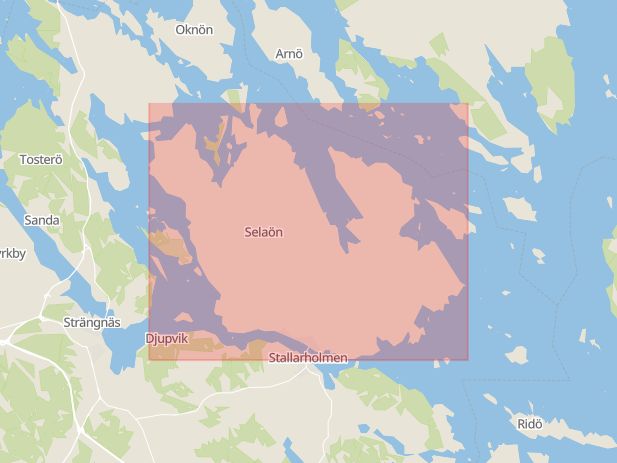 Karta som med röd fyrkant ramar in Selaön, Strängnäs Kommun, Södermanlands län