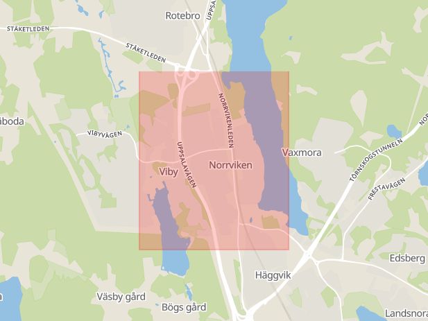 Karta som med röd fyrkant ramar in Rotebro, Norrviken, Sollentuna, Stockholms län