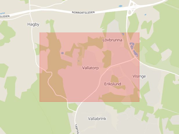 Karta som med röd fyrkant ramar in Vallatorp, Täby, Stockholms län