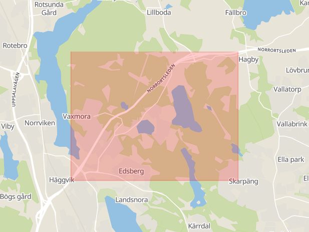 Karta som med röd fyrkant ramar in Norrortsleden, Sollentuna, Stockholms län