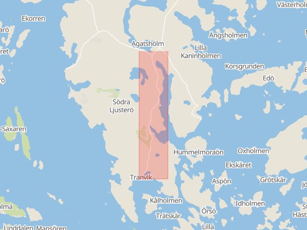 Karta som med röd fyrkant ramar in Ljusterö, Tranviksvägen, Österåker, Stockholms län