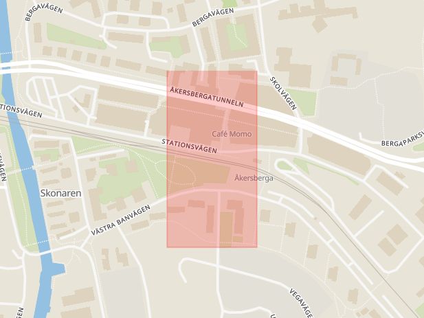 Karta som med röd fyrkant ramar in Åkersberga Station, Österåker, Stockholms län