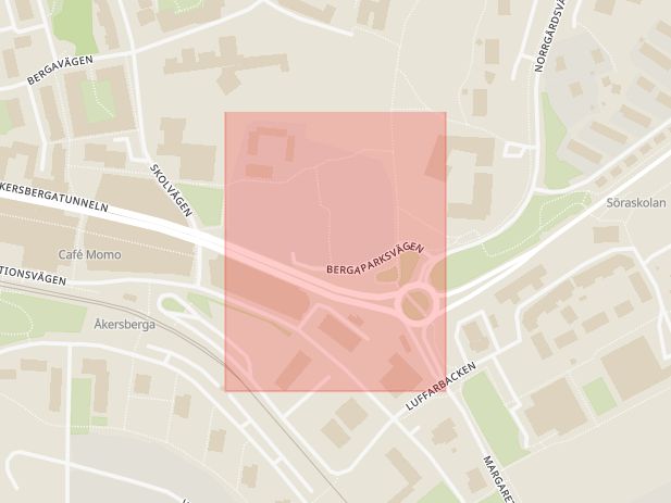 Karta som med röd fyrkant ramar in Åkersberga, Bergaparksvägen, Österåker, Stockholms län