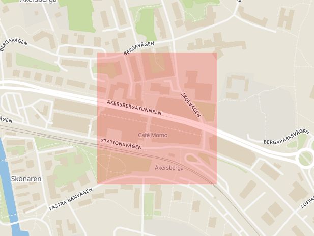 Karta som med röd fyrkant ramar in Åkersbergatunneln, Stockholm, Roslagsvägen, Österåker, Stockholms län