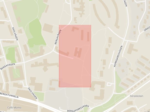 Karta som med röd fyrkant ramar in Berga, Österåker, Stockholms län